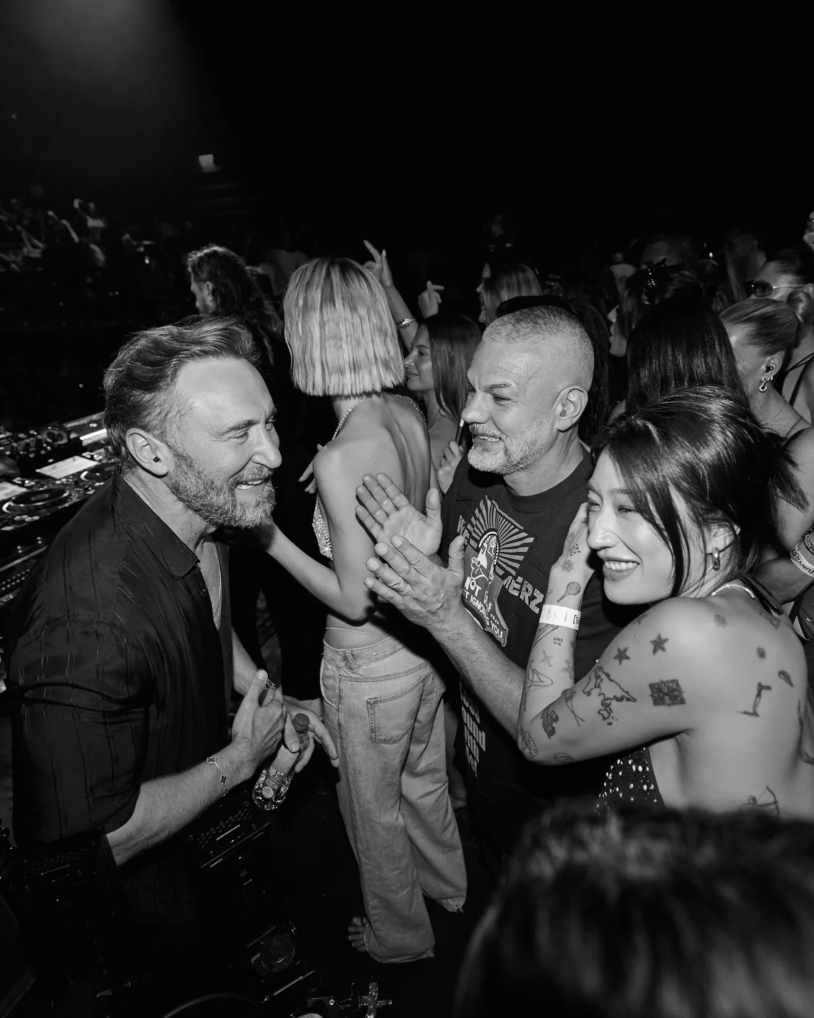 Yann Pissenem with David Guetta and Peggy Gou on stage at [UNVRS] in Ibiza, 2025
